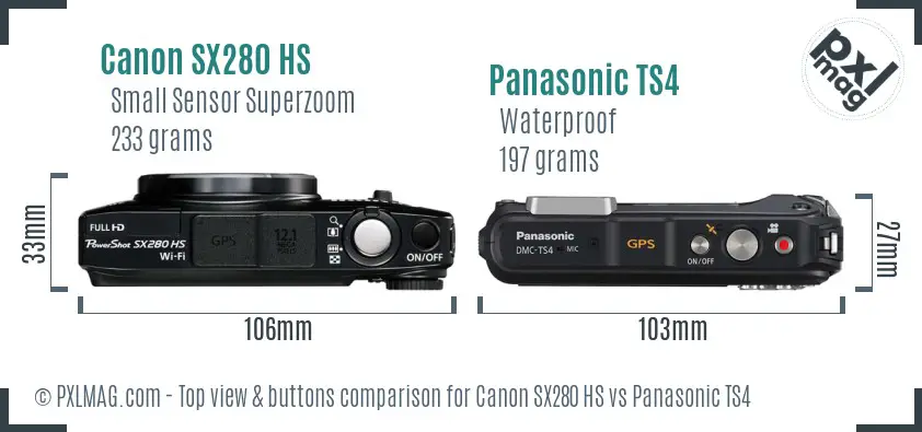 Canon SX280 HS vs Panasonic TS4 top view buttons comparison