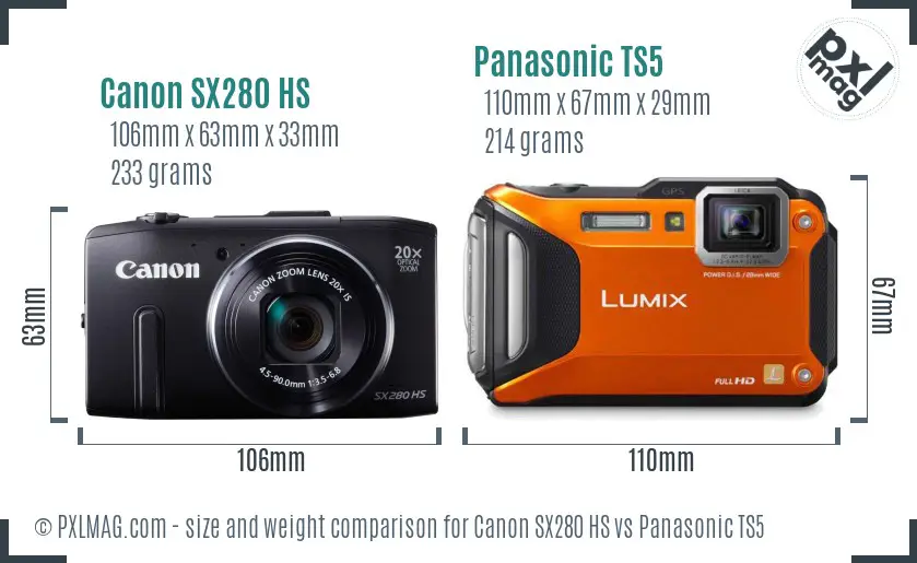 Canon SX280 HS vs Panasonic TS5 size comparison