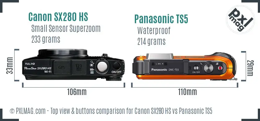 Canon SX280 HS vs Panasonic TS5 top view buttons comparison