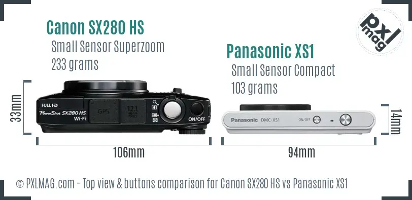 Canon SX280 HS vs Panasonic XS1 top view buttons comparison