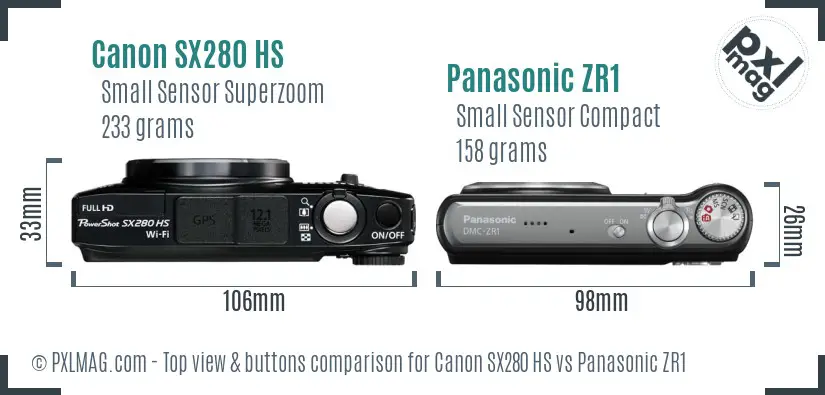 Canon SX280 HS vs Panasonic ZR1 top view buttons comparison Canon SX280 HS vs Panasonic ZR1 top view buttons comparison