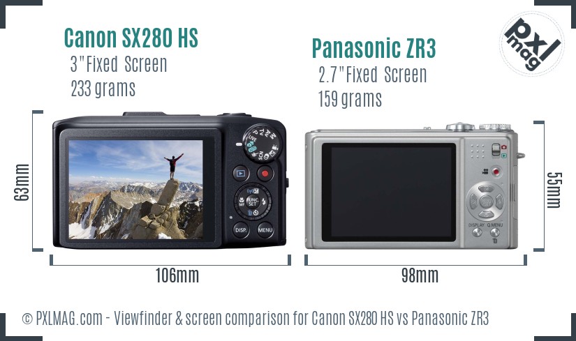 Canon SX280 HS vs Panasonic ZR3 Screen and Viewfinder comparison