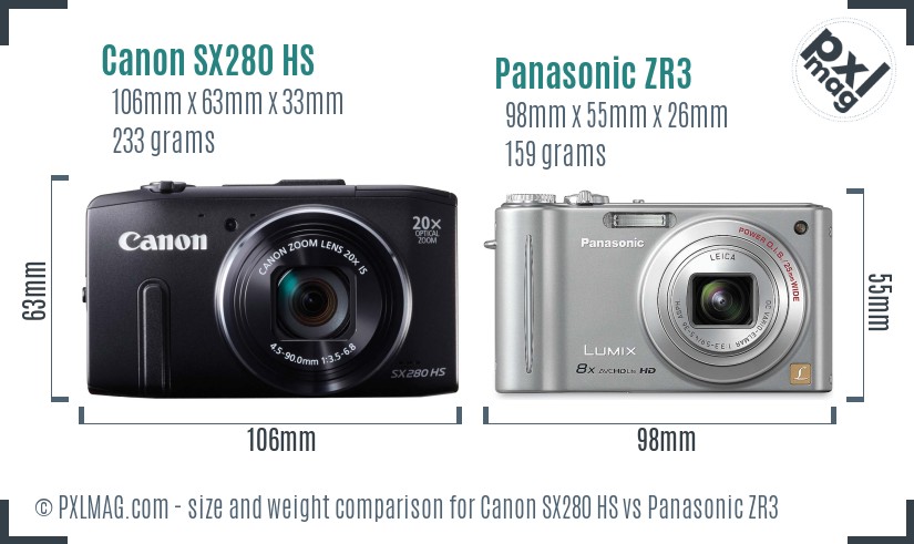 Canon SX280 HS vs Panasonic ZR3 size comparison