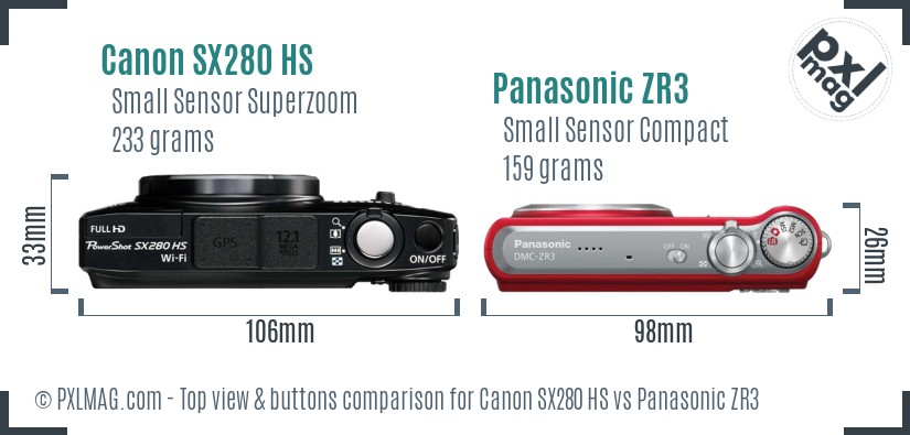 Canon SX280 HS vs Panasonic ZR3 top view buttons comparison
