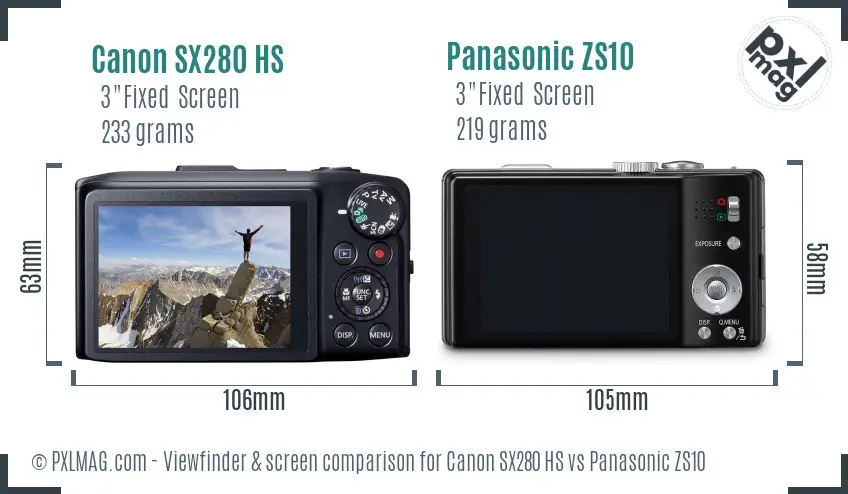 Canon SX280 HS vs Panasonic ZS10 Screen and Viewfinder comparison