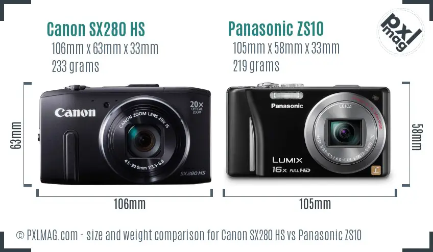 Canon SX280 HS vs Panasonic ZS10 size comparison