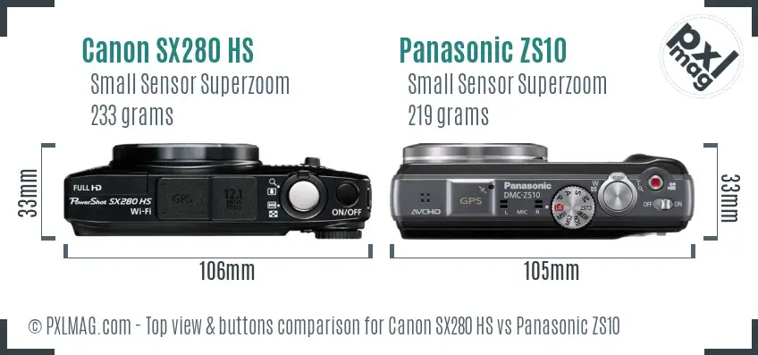 Canon SX280 HS vs Panasonic ZS10 top view buttons comparison