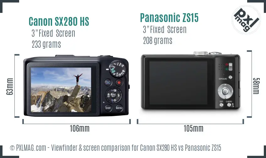 Canon SX280 HS vs Panasonic ZS15 Screen and Viewfinder comparison