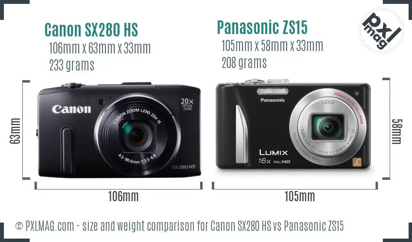 Canon SX280 HS vs Panasonic ZS15 size comparison