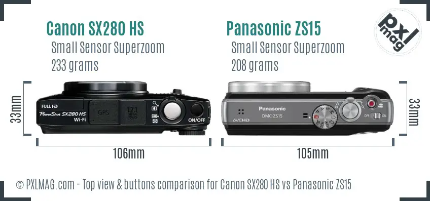 Canon SX280 HS vs Panasonic ZS15 top view buttons comparison