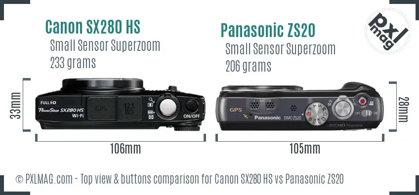 Canon SX280 HS vs Panasonic ZS20 top view buttons comparison Canon SX280 HS vs Panasonic ZS20 top view buttons comparison