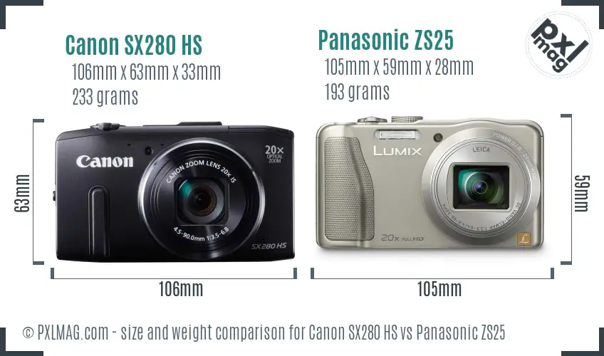 Canon SX280 HS vs Panasonic ZS25 size comparison Canon SX280 HS vs Panasonic ZS25 size comparison