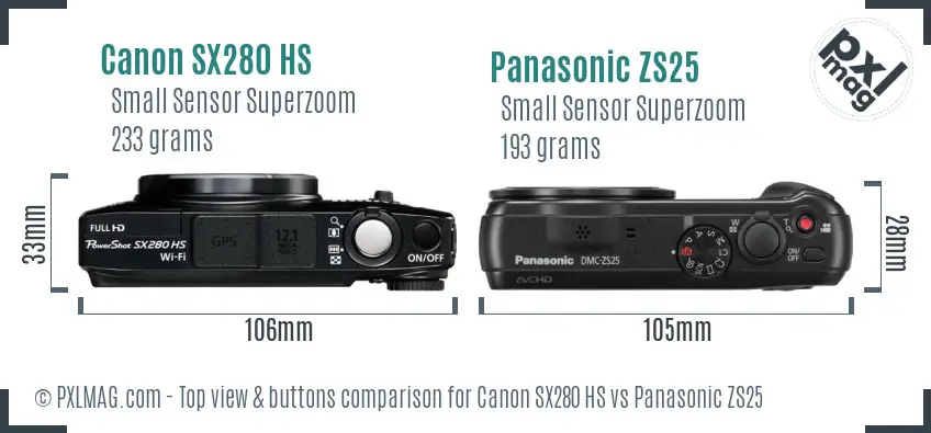 Canon SX280 HS vs Panasonic ZS25 top view buttons comparison Canon SX280 HS vs Panasonic ZS25 top view buttons comparison