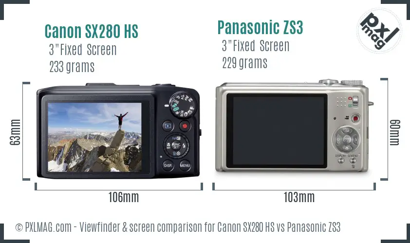 Canon SX280 HS vs Panasonic ZS3 Screen and Viewfinder comparison