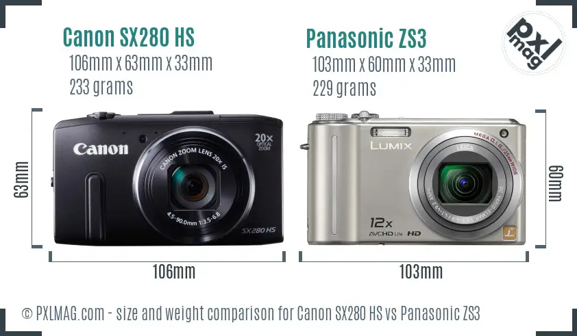 Canon SX280 HS vs Panasonic ZS3 size comparison