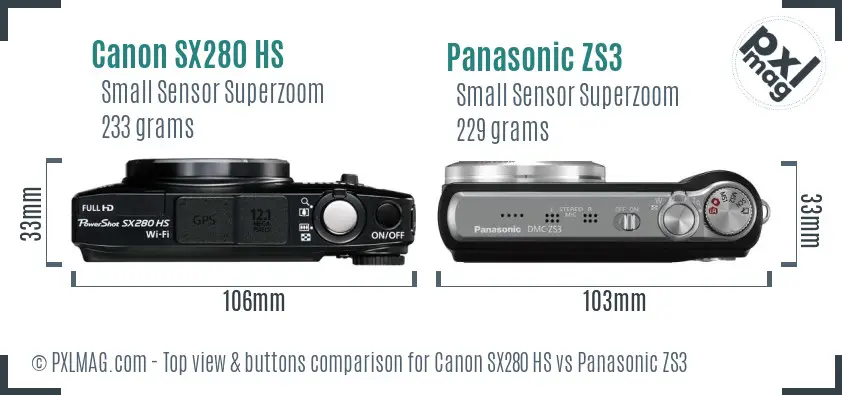 Canon SX280 HS vs Panasonic ZS3 top view buttons comparison