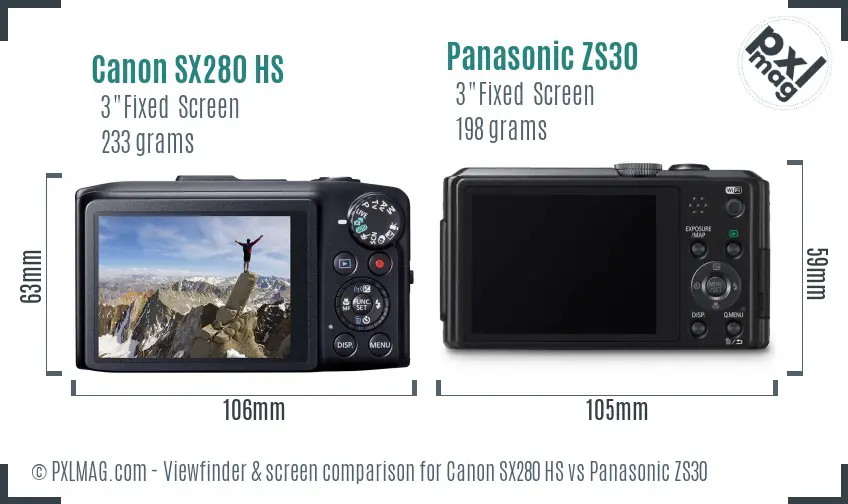 Canon SX280 HS vs Panasonic ZS30 Screen and Viewfinder comparison