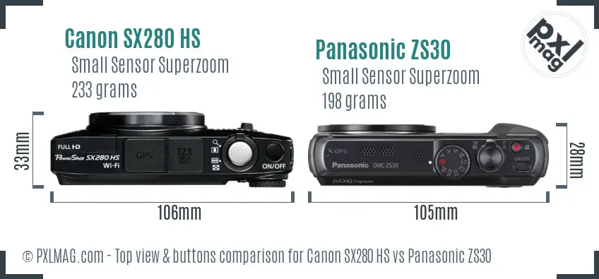 Canon SX280 HS vs Panasonic ZS30 top view buttons comparison