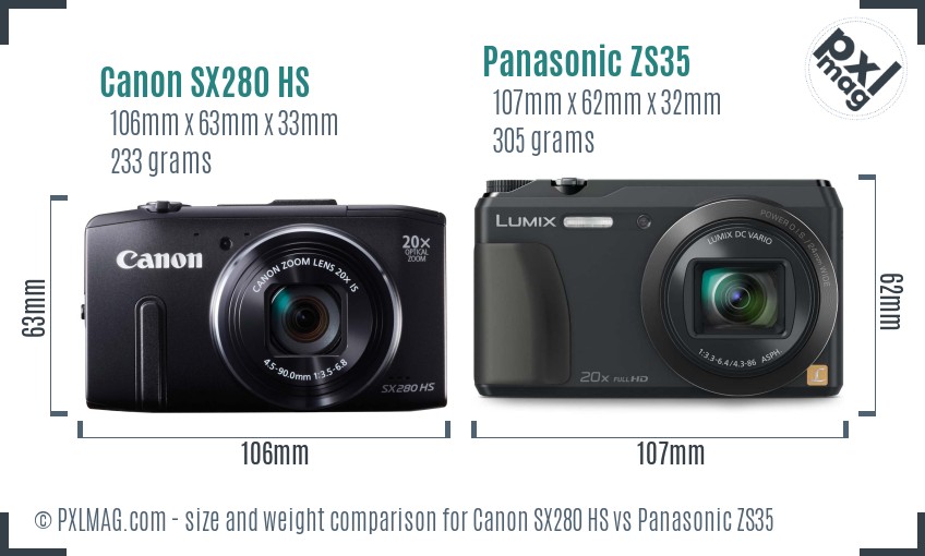 Canon SX280 HS vs Panasonic ZS35 size comparison