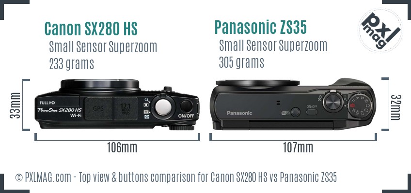 Canon SX280 HS vs Panasonic ZS35 top view buttons comparison