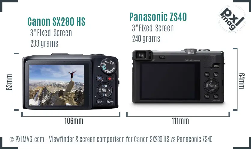 Canon SX280 HS vs Panasonic ZS40 Screen and Viewfinder comparison