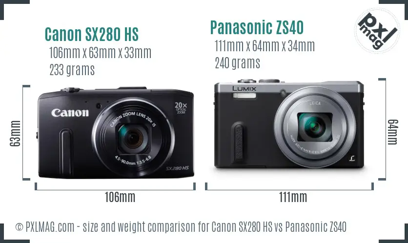 Canon SX280 HS vs Panasonic ZS40 size comparison