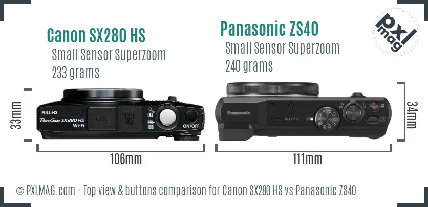 Canon SX280 HS vs Panasonic ZS40 top view buttons comparison