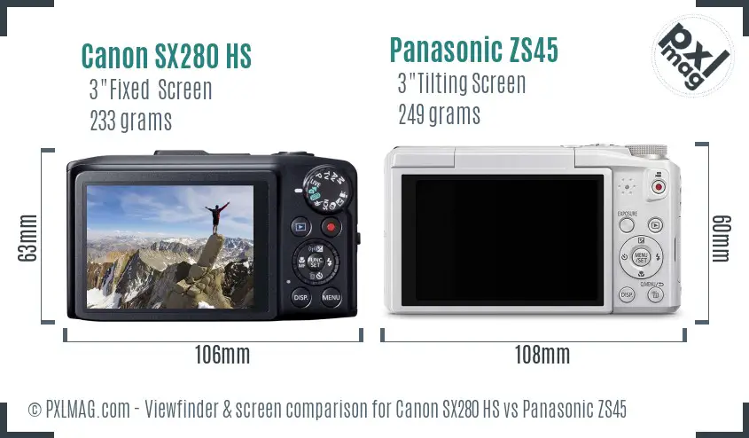 Canon SX280 HS vs Panasonic ZS45 Screen and Viewfinder comparison