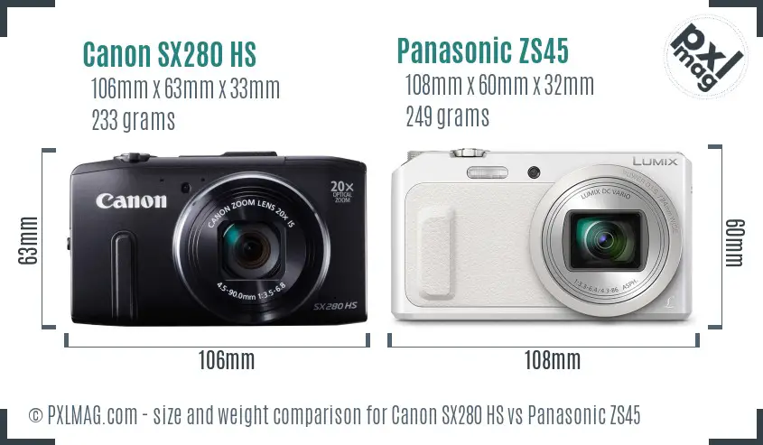 Canon SX280 HS vs Panasonic ZS45 size comparison