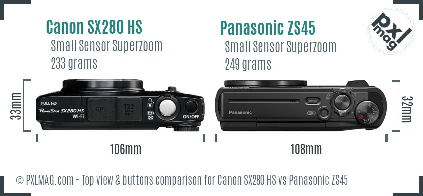 Canon SX280 HS vs Panasonic ZS45 top view buttons comparison