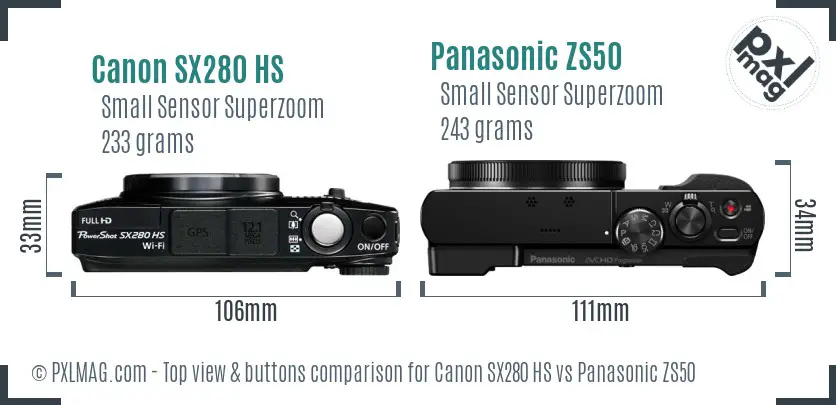 Canon SX280 HS vs Panasonic ZS50 top view buttons comparison Canon SX280 HS vs Panasonic ZS50 top view buttons comparison