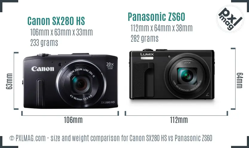 Canon SX280 HS vs Panasonic ZS60 size comparison