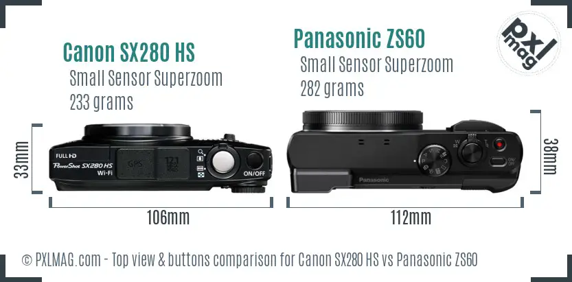 Canon SX280 HS vs Panasonic ZS60 top view buttons comparison