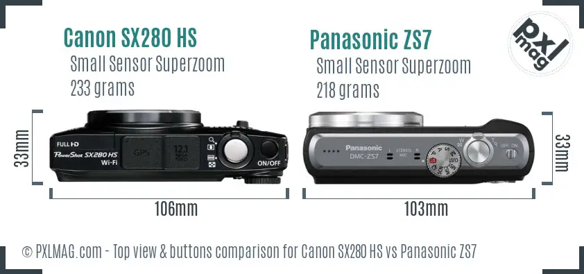Canon SX280 HS vs Panasonic ZS7 top view buttons comparison