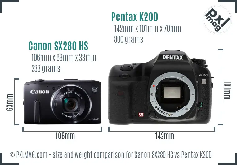 Canon SX280 HS vs Pentax K20D size comparison