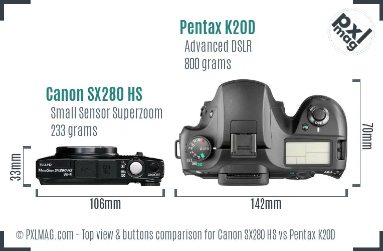 Canon SX280 HS vs Pentax K20D top view buttons comparison