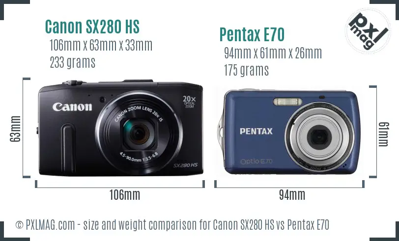 Canon SX280 HS vs Pentax E70 size comparison