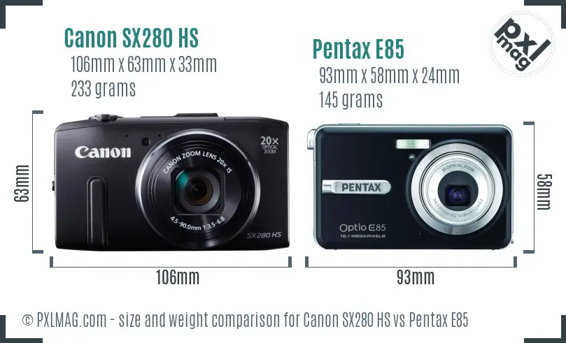 Canon SX280 HS vs Pentax E85 size comparison