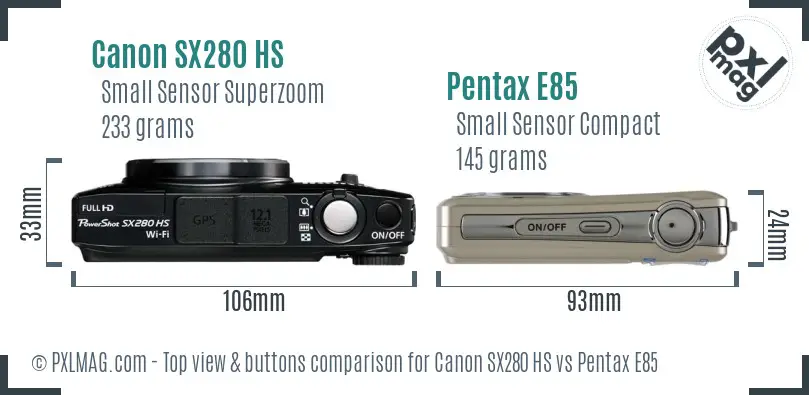 Canon SX280 HS vs Pentax E85 top view buttons comparison
