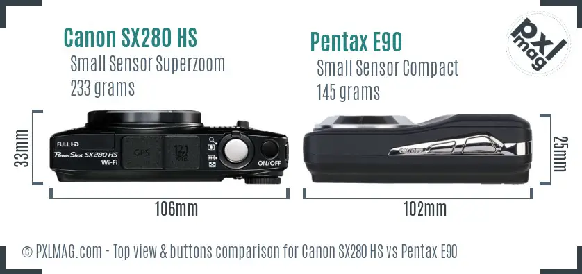 Canon SX280 HS vs Pentax E90 top view buttons comparison Canon SX280 HS vs Pentax E90 top view buttons comparison