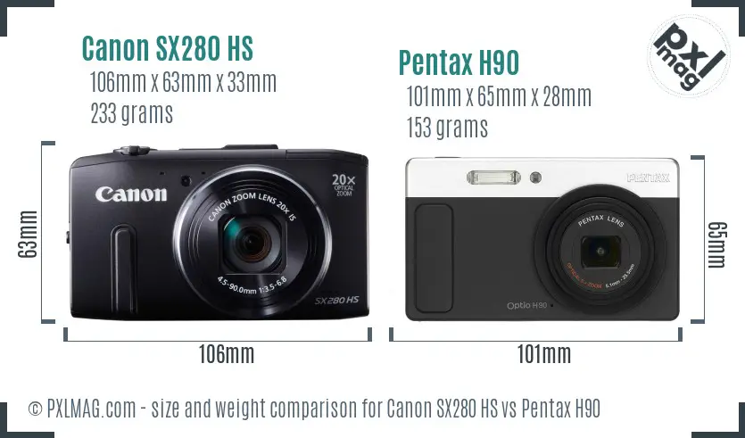 Canon SX280 HS vs Pentax H90 size comparison