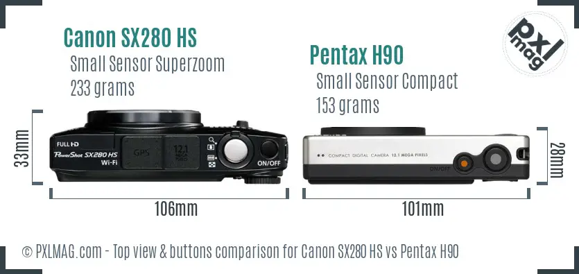 Canon SX280 HS vs Pentax H90 top view buttons comparison