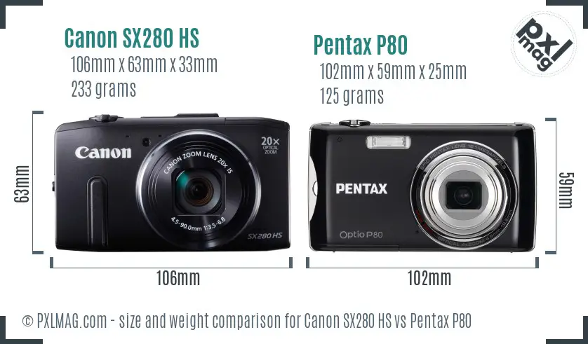 Canon SX280 HS vs Pentax P80 size comparison