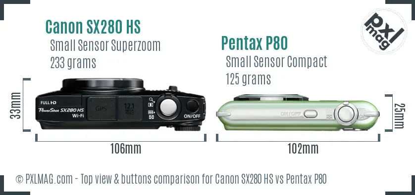 Canon SX280 HS vs Pentax P80 top view buttons comparison