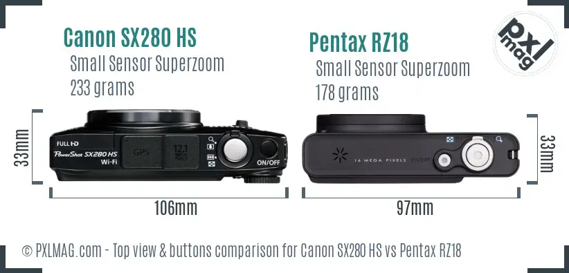Canon SX280 HS vs Pentax RZ18 top view buttons comparison