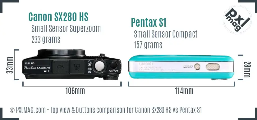 Canon SX280 HS vs Pentax S1 top view buttons comparison Canon SX280 HS vs Pentax S1 top view buttons comparison