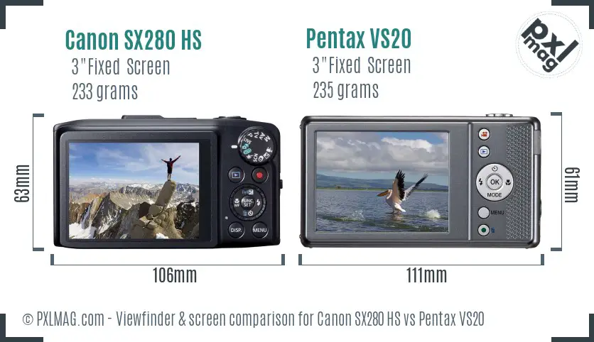 Canon SX280 HS vs Pentax VS20 Screen and Viewfinder comparison