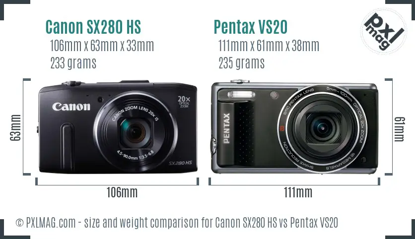 Canon SX280 HS vs Pentax VS20 size comparison