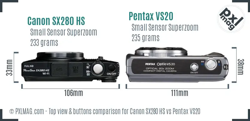 Canon SX280 HS vs Pentax VS20 top view buttons comparison