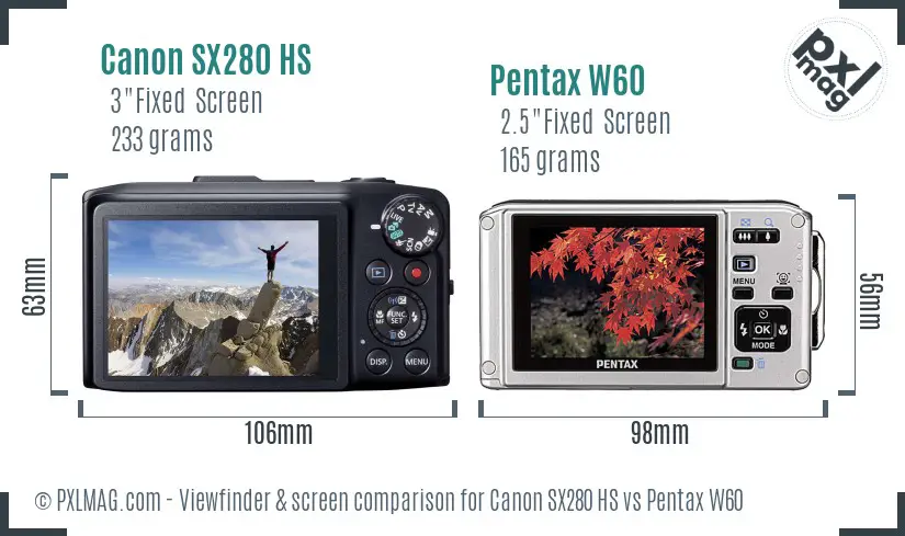 Canon SX280 HS vs Pentax W60 Screen and Viewfinder comparison